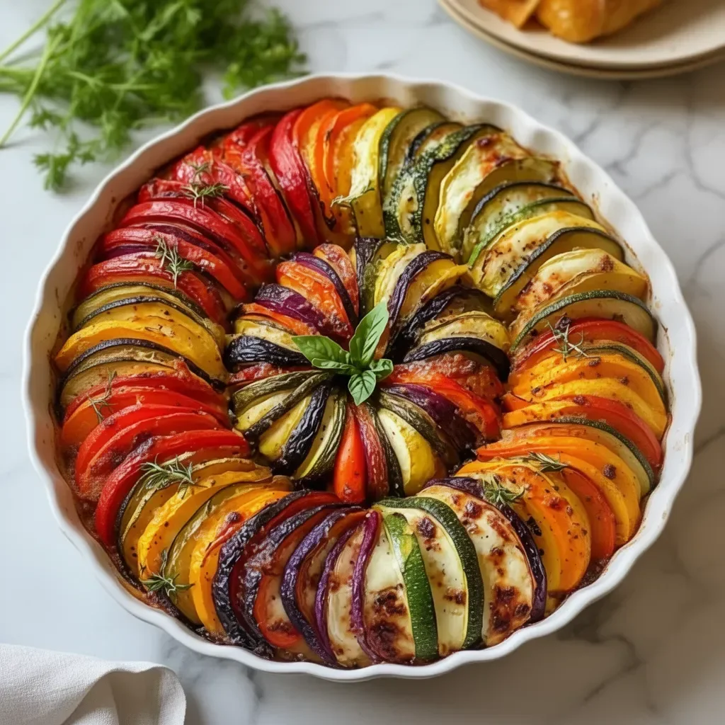 Un plat de tian de légumes coloré avec divers légumes cuits au four